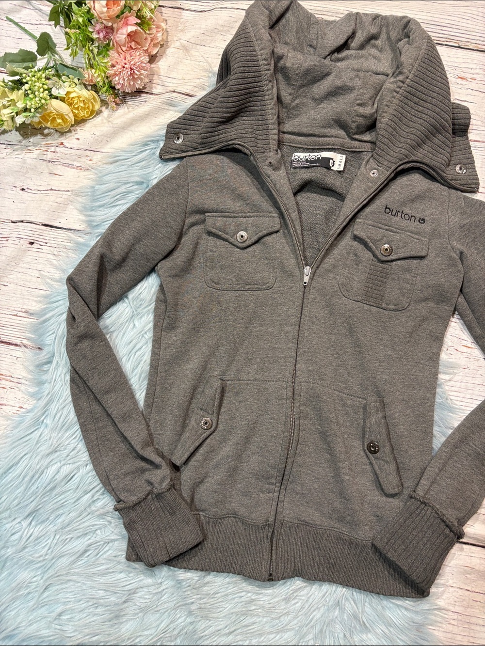Burton Gray Hooded Ribbed Button Front Sweatshirt Jacket - Picture 5 of 9